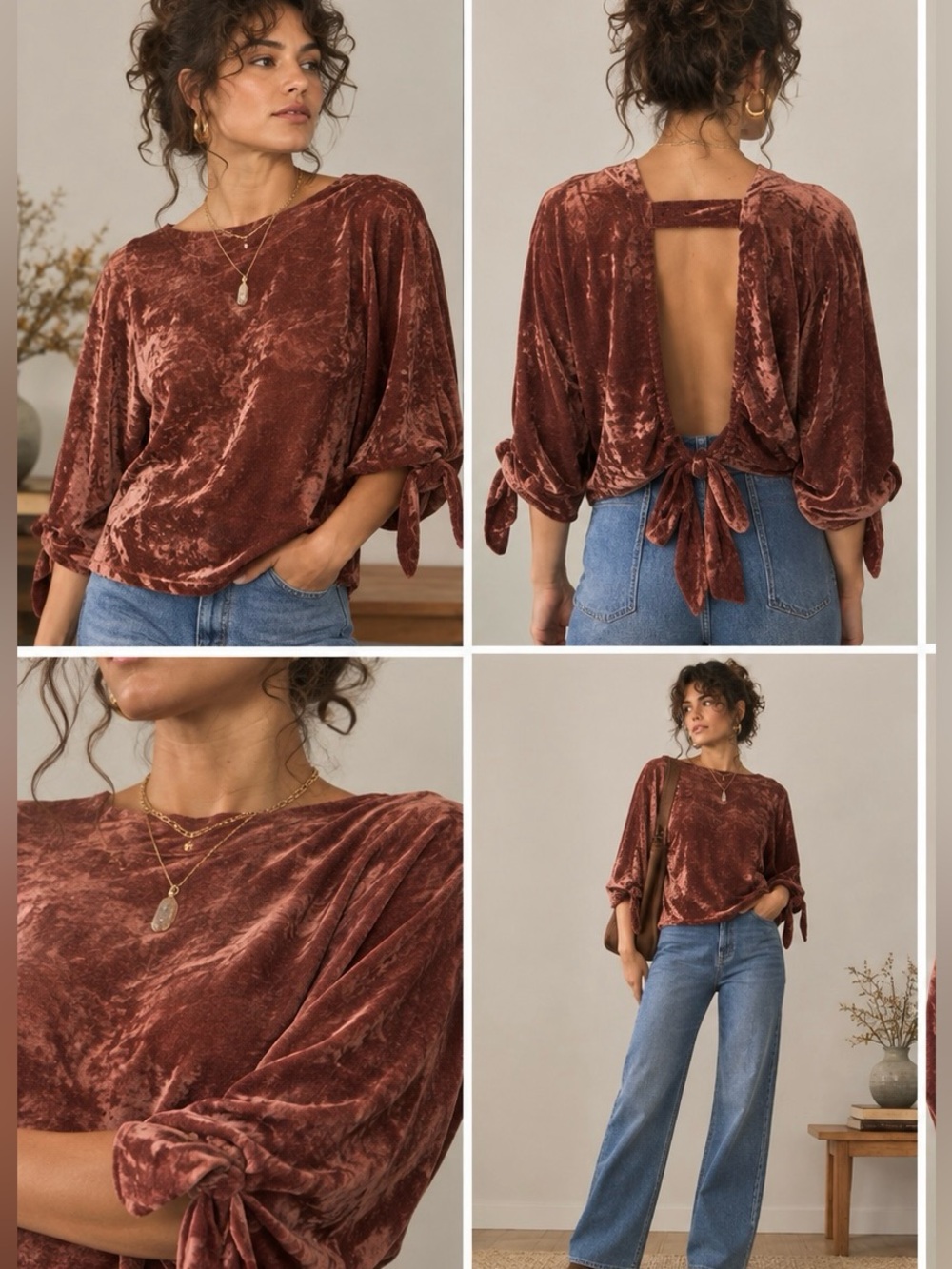 Mystree Rust Velvet Open-Back Tie Blouse